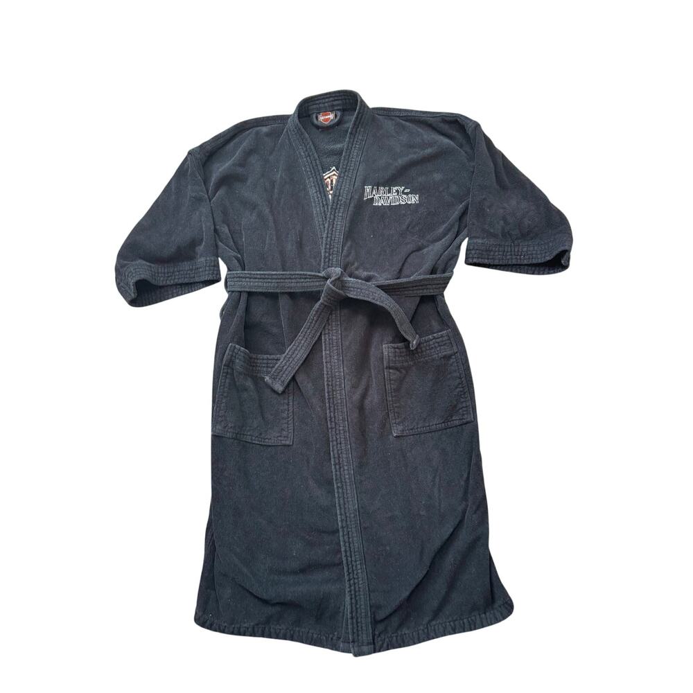 Harley Davidson Black Terry Cloth Bathrobe Kimono Embroidered Logo Bar & Shield